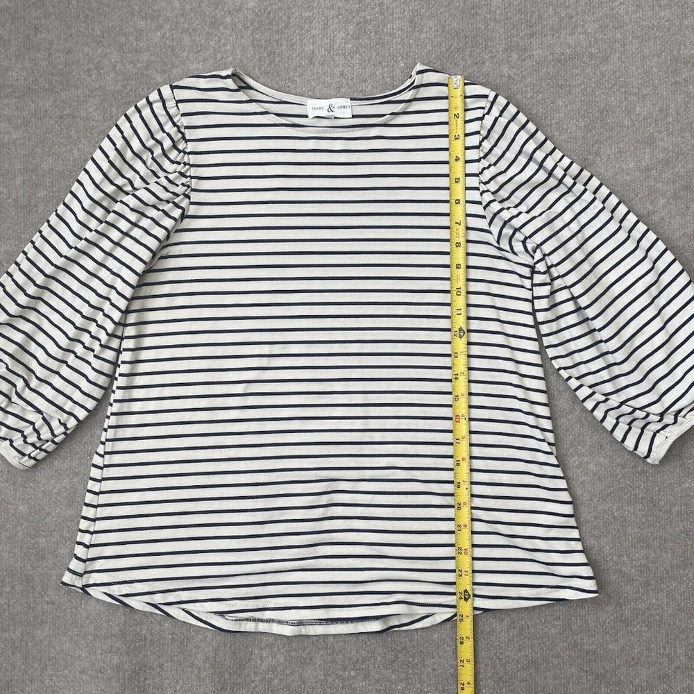 Thyme & Honey Shirt Womens Medium Cream Blue Striped Casual 3/4 Sleeve Casual - Picture 6 of 7